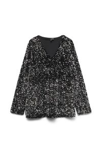 Vero Moda curve VMCBELLA LS V-NECK SQ TOP JRS GA CU: black/silver sequins