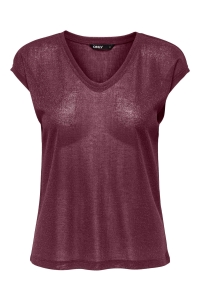 ONLY ONLSILVERY S/S V NECK LUREX TOP JRS: burgundy