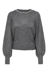 ONLY ONLELSA L/S PULLOVER KNT NOOS medium grey melange/w. black pea